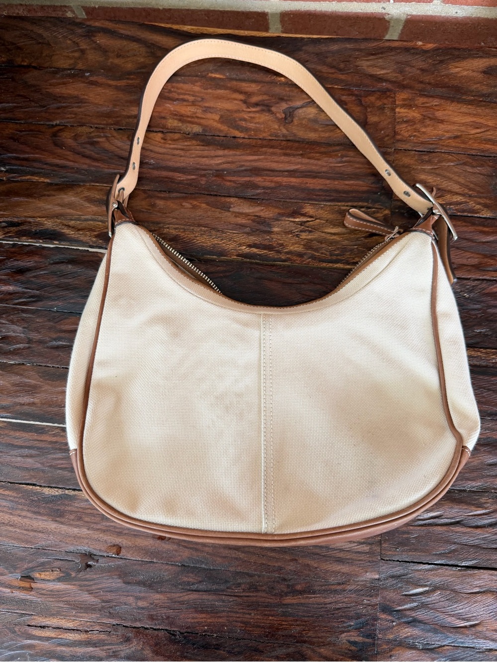 Vintage Coach Cream Canvas Shoulder Hobo with Tan Leather Trim